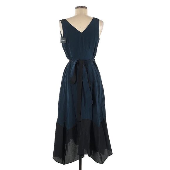 NEW Club Monaco 100% Silk Colorblock Blue Black Sleeveless Midi Wrap Dress 6 - Picture 3 of 6